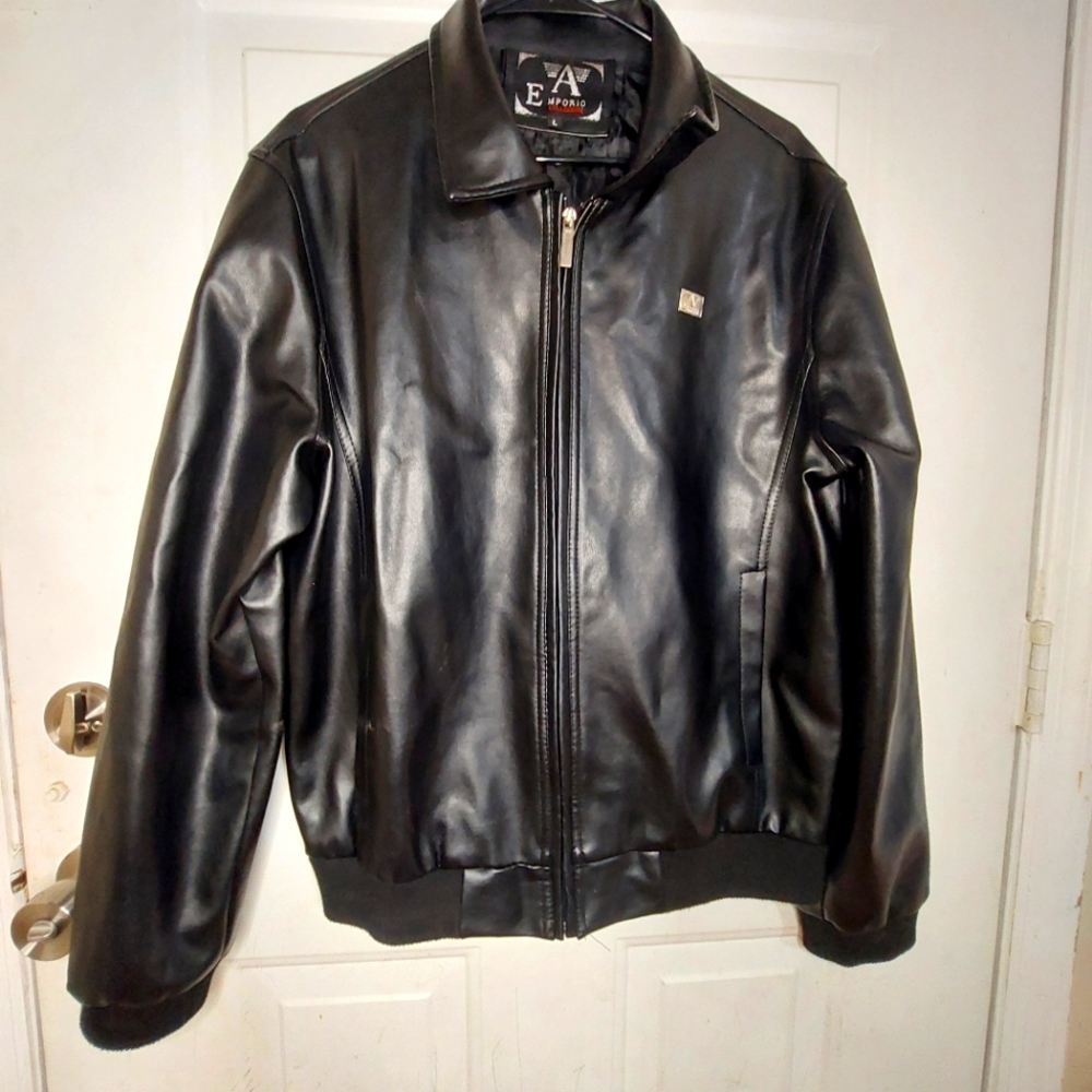 ARMANI Emporio Collezione Men's Faux Black Leather Bomper Jacket Size L